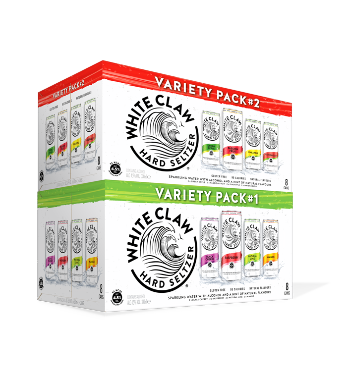 White Claw Hard Seltzer variety pack on a white background