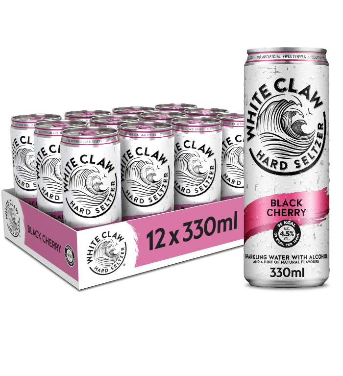 A can of Black Cherry WHITE CLAW® Hard Seltzer is seen infront of a 12-pack tray.