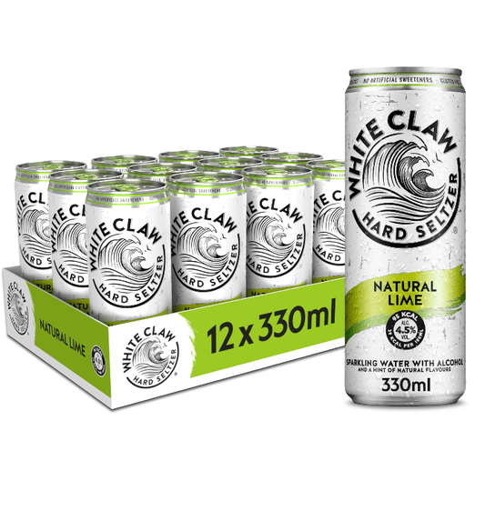 A can of Natural Lime WHITE CLAW® Hard Seltzer is seen infront of a 12-pack tray.