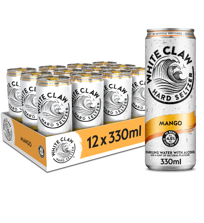 A can of Mango WHITE CLAW® Hard Seltzer is seen infront of a 12-pack tray.
