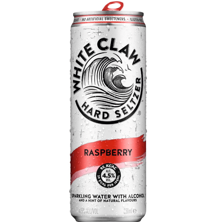 A can of Raspberry WHITE CLAW® Hard Seltzer on a whit e background