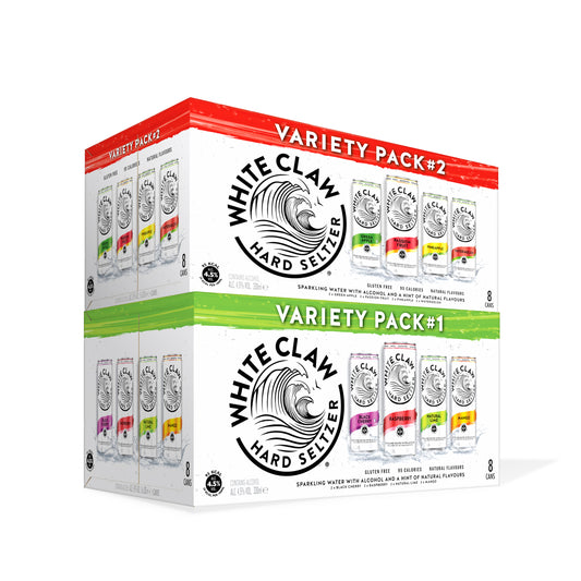 White Claw Hard Seltzer variety pack on a white background