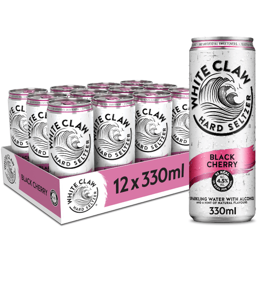 A can of Black Cherry WHITE CLAW® Hard Seltzer is seen infront of a 12-pack tray. 