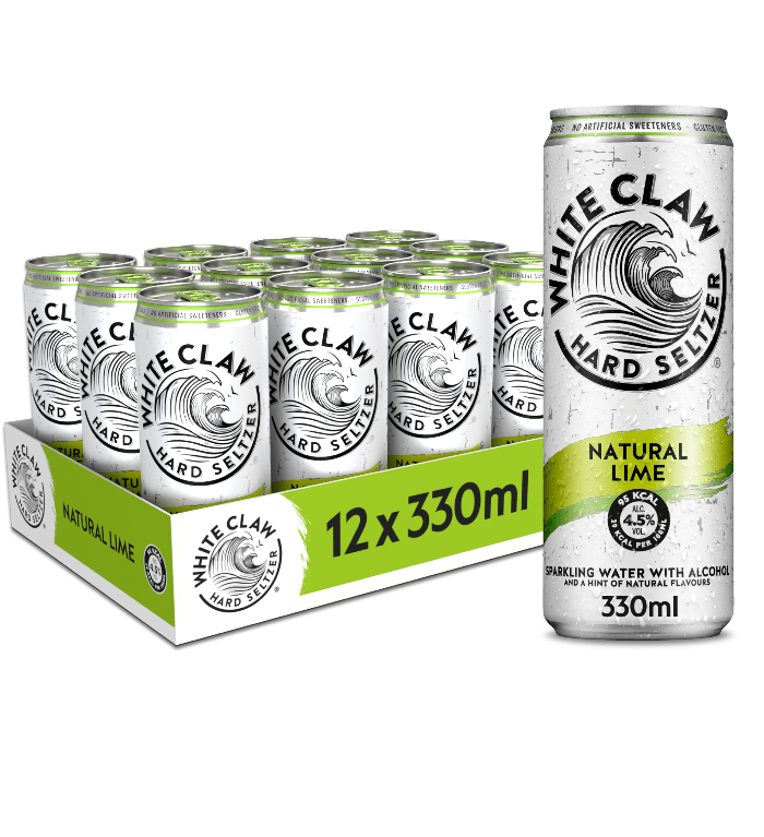 A can of Natural Lime WHITE CLAW® Hard Seltzer is seen infront of a 12-pack tray. 