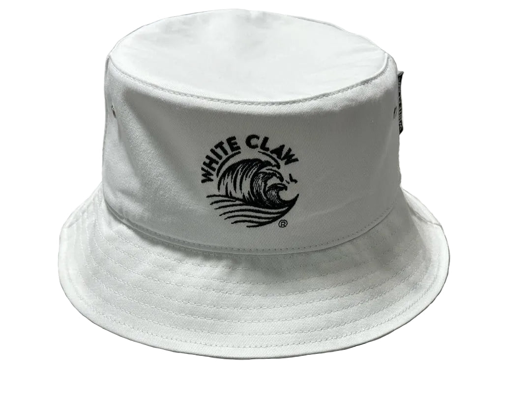 A white bucket hat with a black 'White Claw' wave logo printed on the front