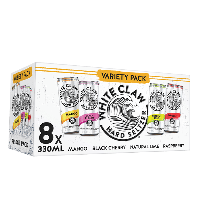 A Variety Pack containing 8 cans of the different WHITE CLAW® flavours: Mango, Black Cherry, Natural Lime and Raspberry.