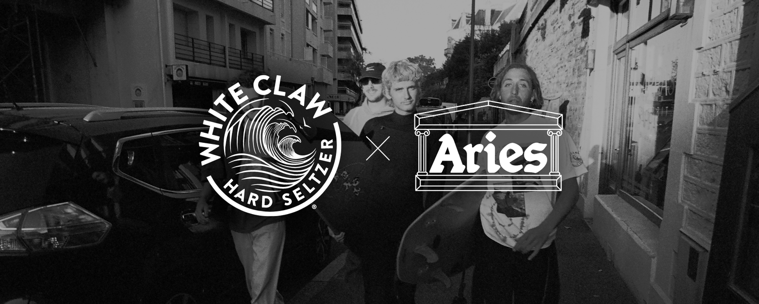 The WHITE CLAW® logo meets the Aries logo, with an X to signify the colloboration. 
