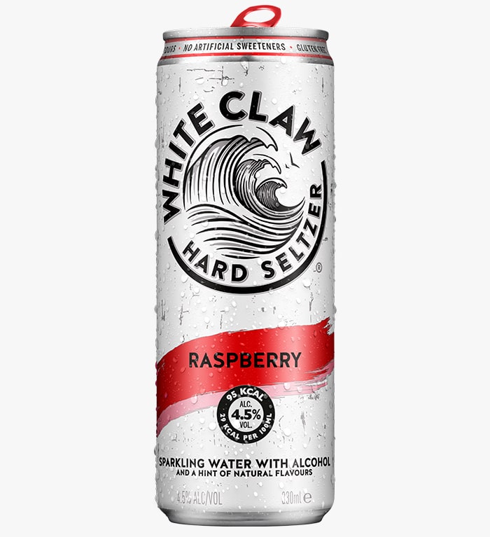 A can of Raspberry WHITE CLAW® on a grey background