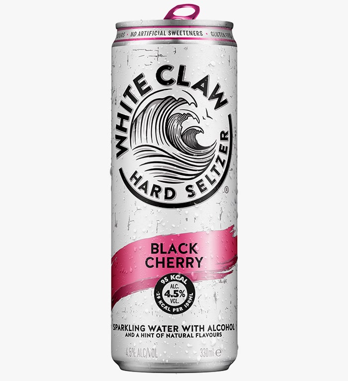 A can of Black Cherry WHITE CLAW® on a grey background