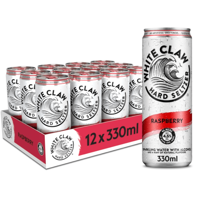 A can of Raspberry WHITE CLAW® Hard Seltzer is seen infront of a 12-pack tray. 
